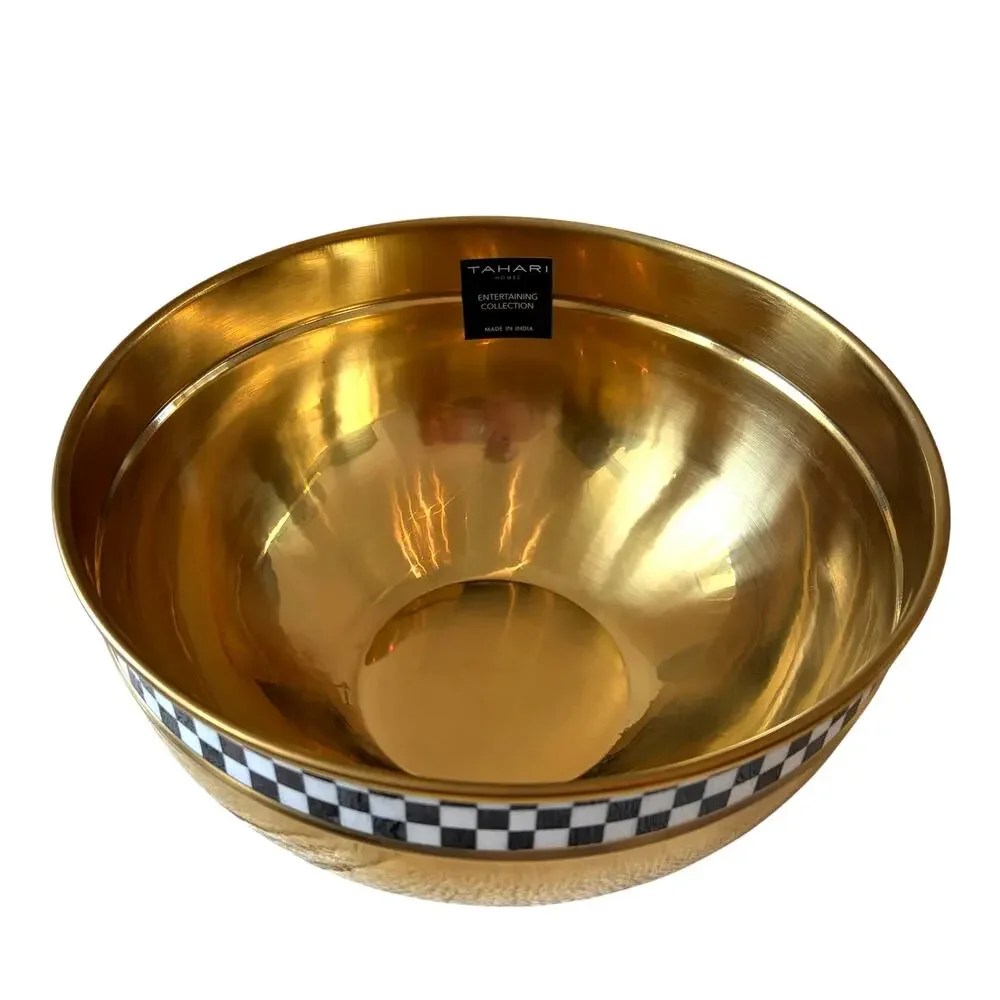 Tahari Home Gold Pedestal Bowl w/ Black White Checkered Band 10.5in NEW